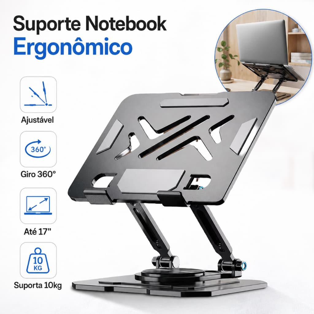 Suporte Notebook Alumínio Ergonômico Ajustável Para Notebook 10 Ate 17" Giratória de 360°