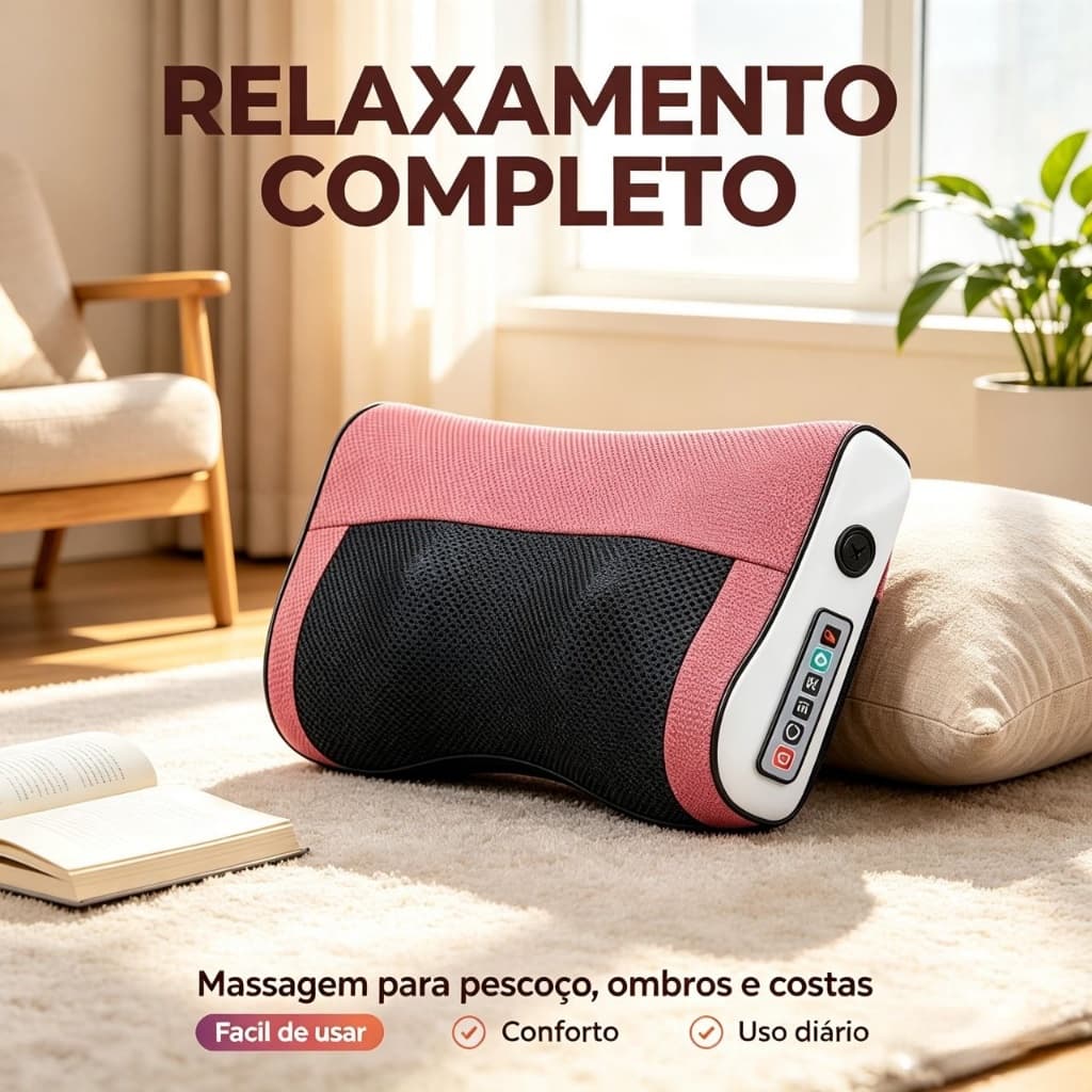 Almofada Massageadora Ergonômica Função Progressiva Aquecimento Ajustável Alívio de Tensão Muscular