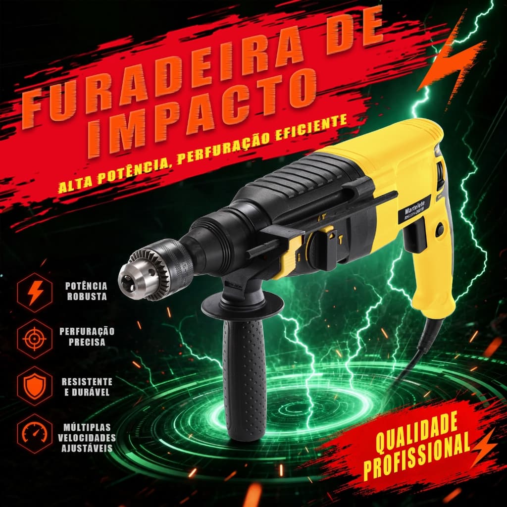 Martelete Rompedor Perfurador Potente Industrial Com Kit Completo de Acessórios- Modelo Tipo 20 (800W) e Tipo 26 (1300W)
