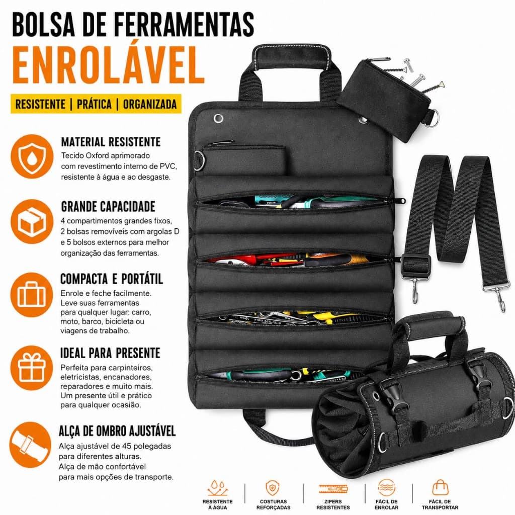 Bolsa De Ferramentas De Enrolar Resistente Com 2 Bolsas Zíper Removíveis , Armazenamento Compacto E Portátil De Grande C
