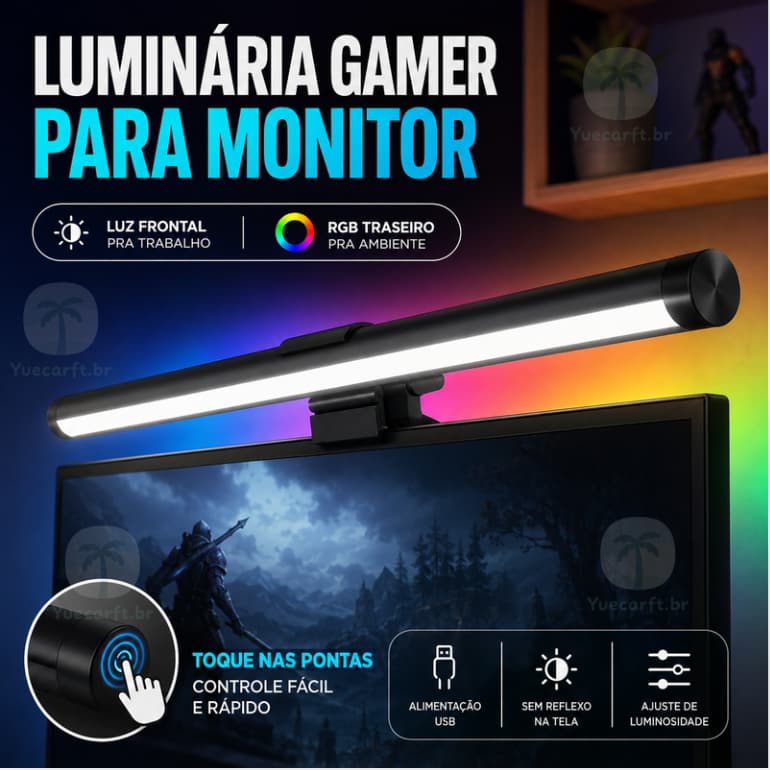 Luz para Monitor Gamer RGB Touch Ajustável Anti Luz Azul Iluminação Ambiente PC