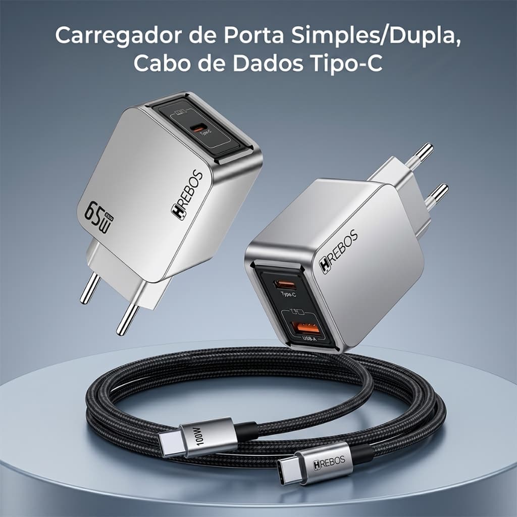 HREBOS x HEYOO Carregador Turbo 65W USB-C PD Rápido para Celular e Notebook para Viagem e Trabalho