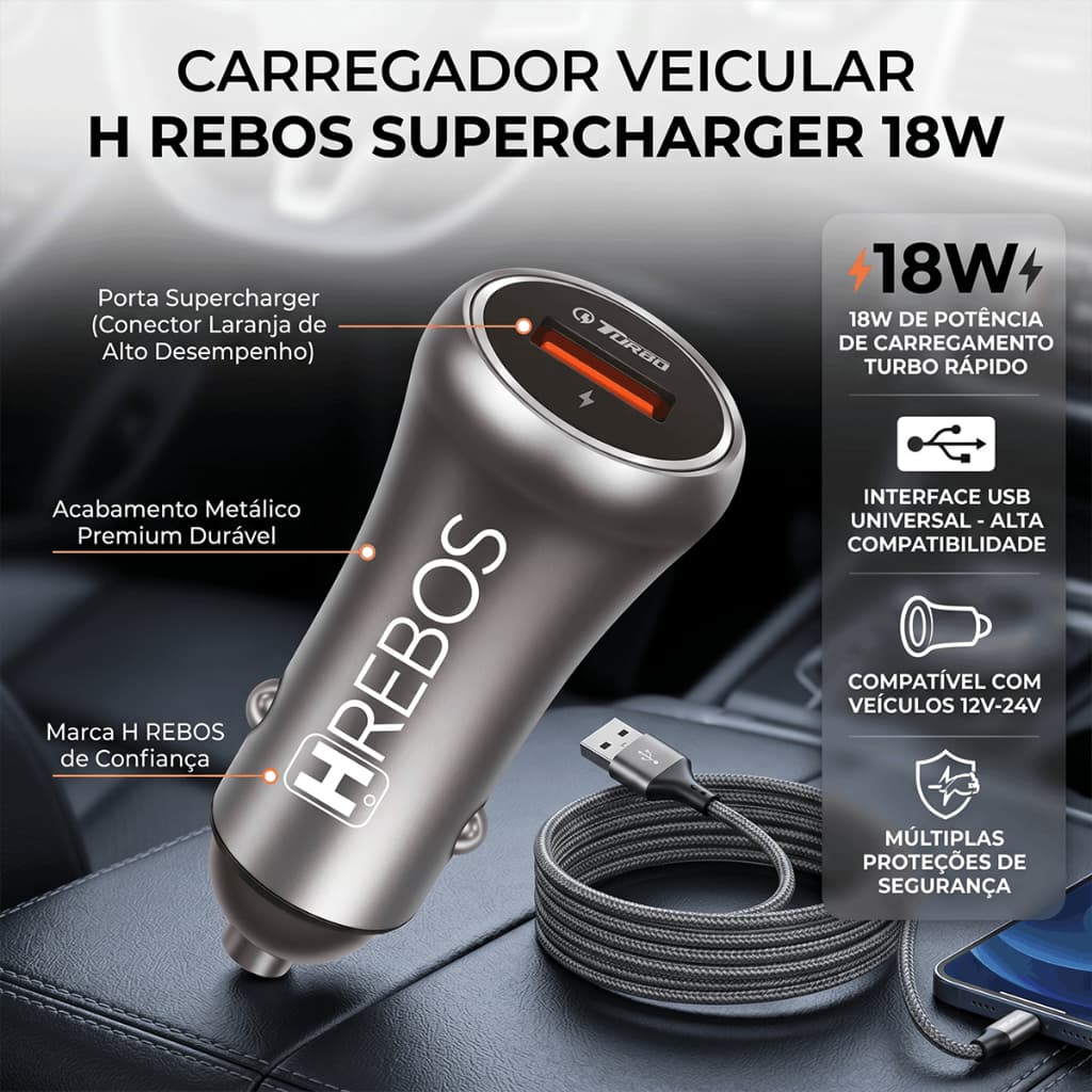 Carregador de carro de Metal HREBOS 18W porta única QC carga rápida carro celular Universal Mini carregador de carro