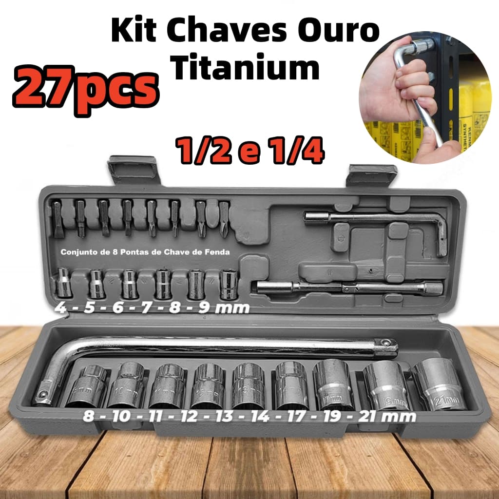 Kit Jogo Ferramentas Soquete 27 Peças Cromo Vanádio Revestimento Titanium Completo