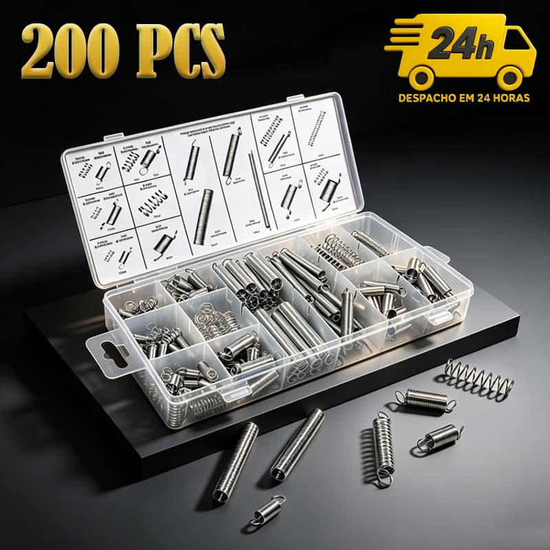 Kit com 200 Molas de Compressão e Tração com Caixa Plástica Transparente