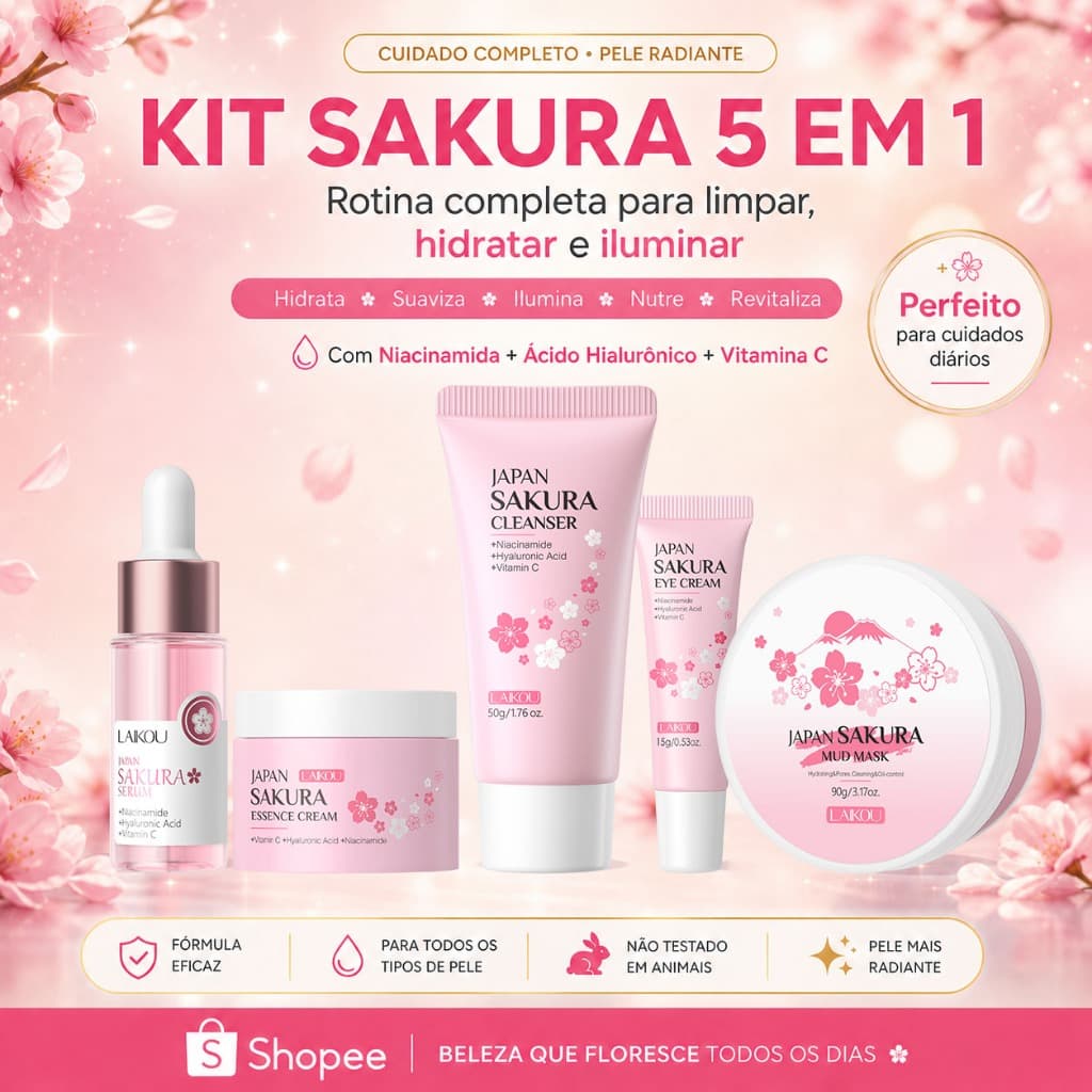 LAIKOU Sakura Kit Skincare Facial Serum Vitamina C Clareador Anti Manchas Anti-Idade Limpeza Facial Glow Kit Pele