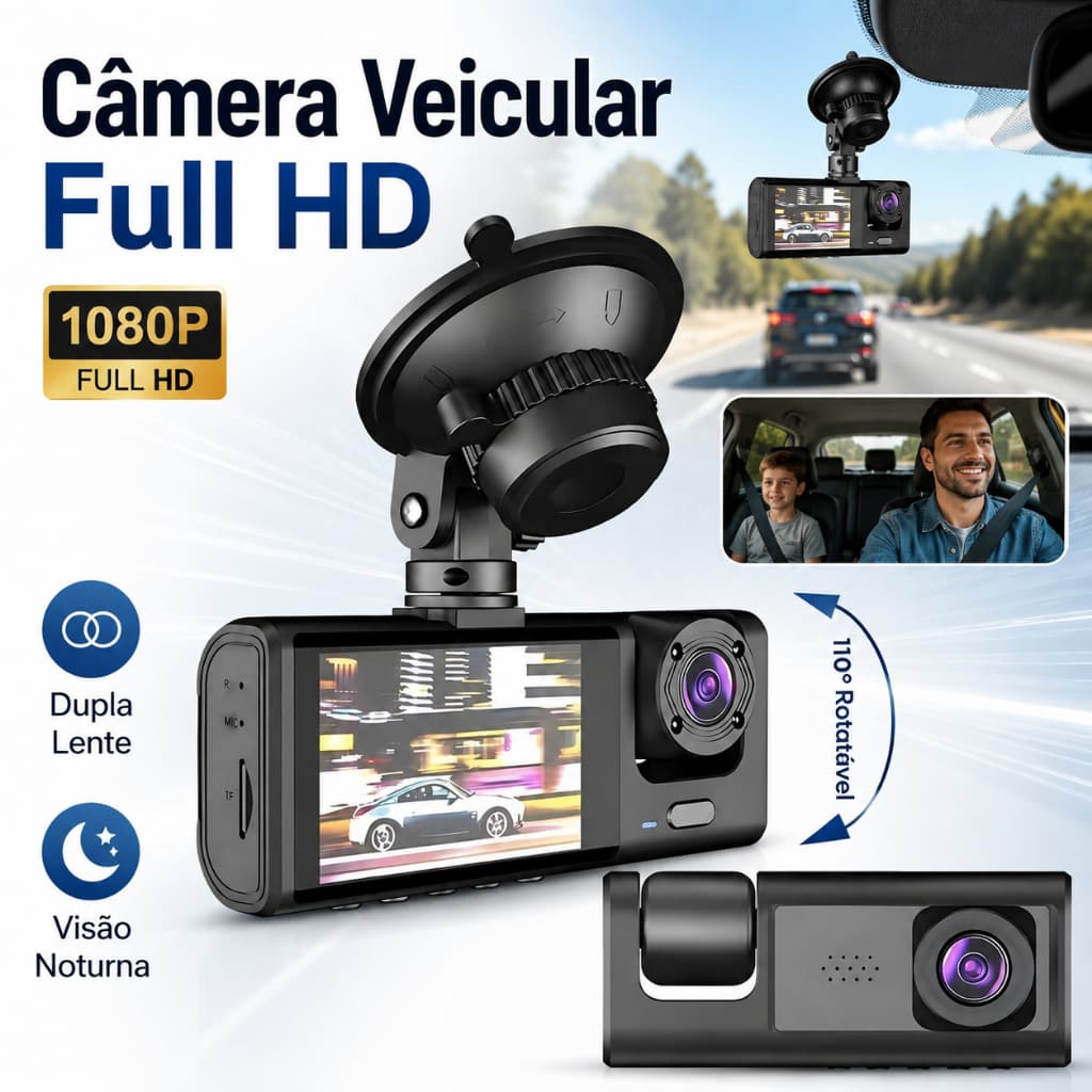 Câmera DVR Carro Espelho Retrovisor Full HD 1080P Dupla Lente Monitoramento Frente e Traseira
