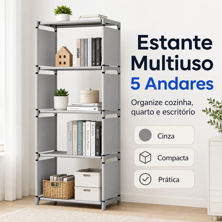 Estante 5 Andares Prateleira Organizadora Multiuso Cinza para Cozinha Quarto Sala Escritório