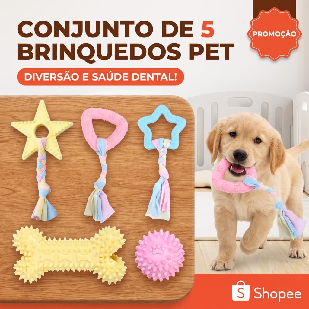 Kit 5 Brinquedos Mordedores Resistentes para Cachorro Auxilia Dentição Atóxico Limpeza Dental Filhotes