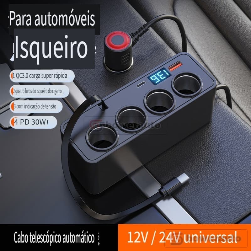 Carregador Veicular 120W 4-em-1 com Cabo Retrátil Tipo-C PD 30W, Carregador USB Rápido, Adaptador de Acendedor D32