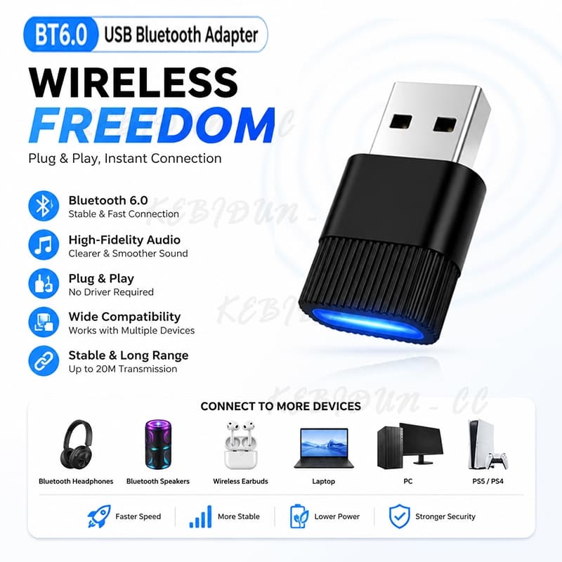 Mini Adaptador Dongle USB Sem Fio Bluetooth 6.0 , Receptor Transmissor De Áudio E Música Para PC , Alto-Falante , Mouse 
