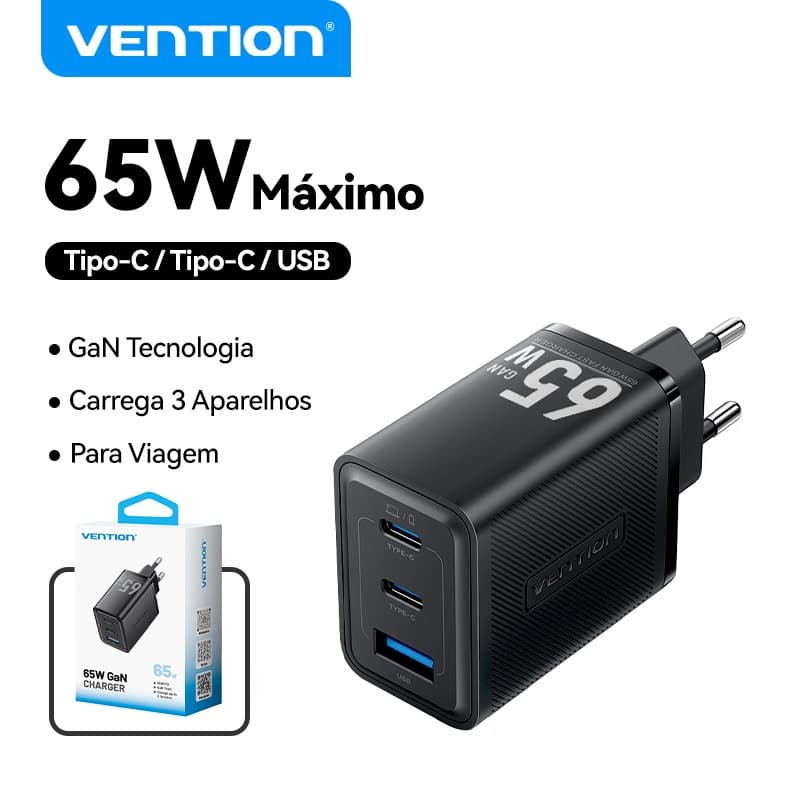 Vention Charger GaN 65W PD PPS 3 Saídas USB Dual C E A Para Notebook Celular Rápido