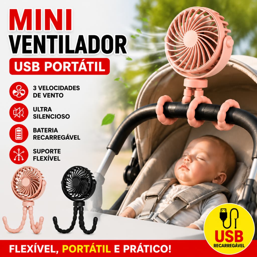 Mini Ventilador USB com Suporte Flexível/Portátil Recarregável,para Carrinho de Bebê-Silencioso