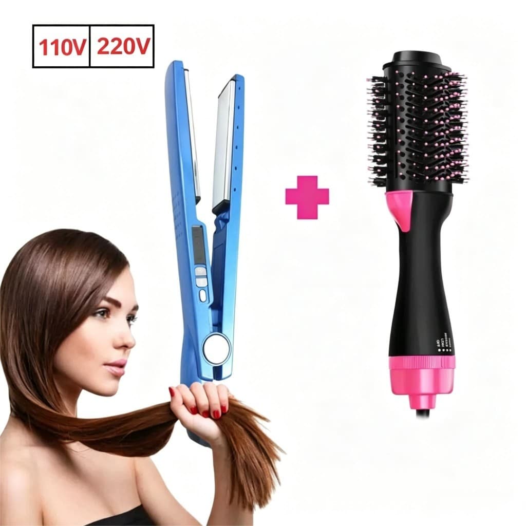 Kit Chapinha Prancha Bivolt + Escova Secadora Volumizador Modelador Capilar Profissional Beleza Cabelo