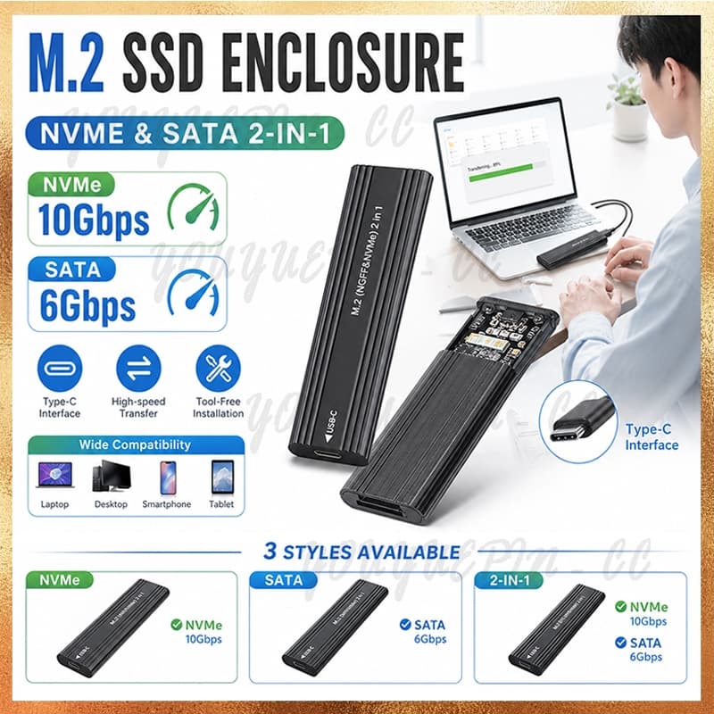 M . 2 NVME SATA SSD Gabinete Externo 2230/2242/2260/2280 Para USB C 10Gbps Unidade De Estado Sólido Caixa De Alumínio Ti