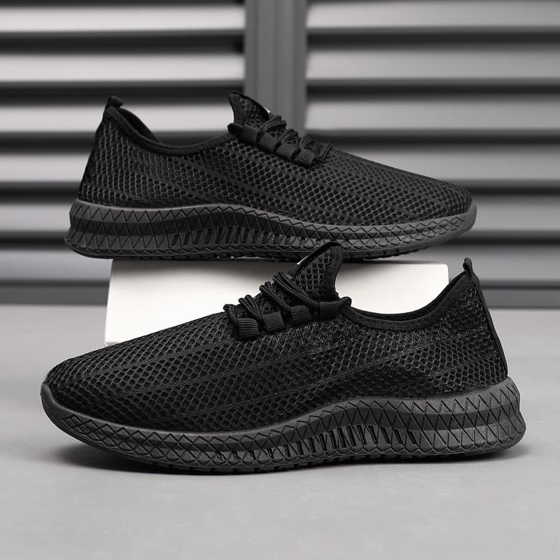 Sapatos masculinos pretos de malha respirável, confortáveis, antiderrapantes, resistentes ao desgaste, calçados esportiv