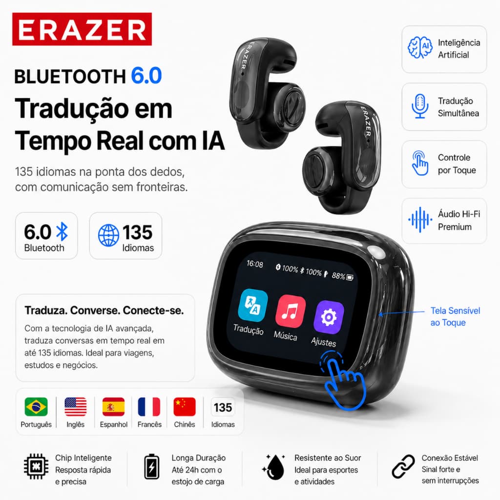 ERAZER XF28 AI Fone De Ouvido Bluetooth 6.0 De AI Tradução Inteligente Nova Tecnologia Chamada Hd Display Tela