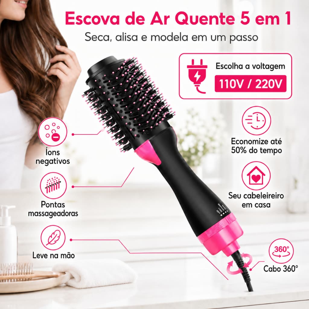 110V/220V Escova Secadora Modeladora 5 em 1 Alisa Seca e Modela Cabelo Anti Frizz profissional 1000W