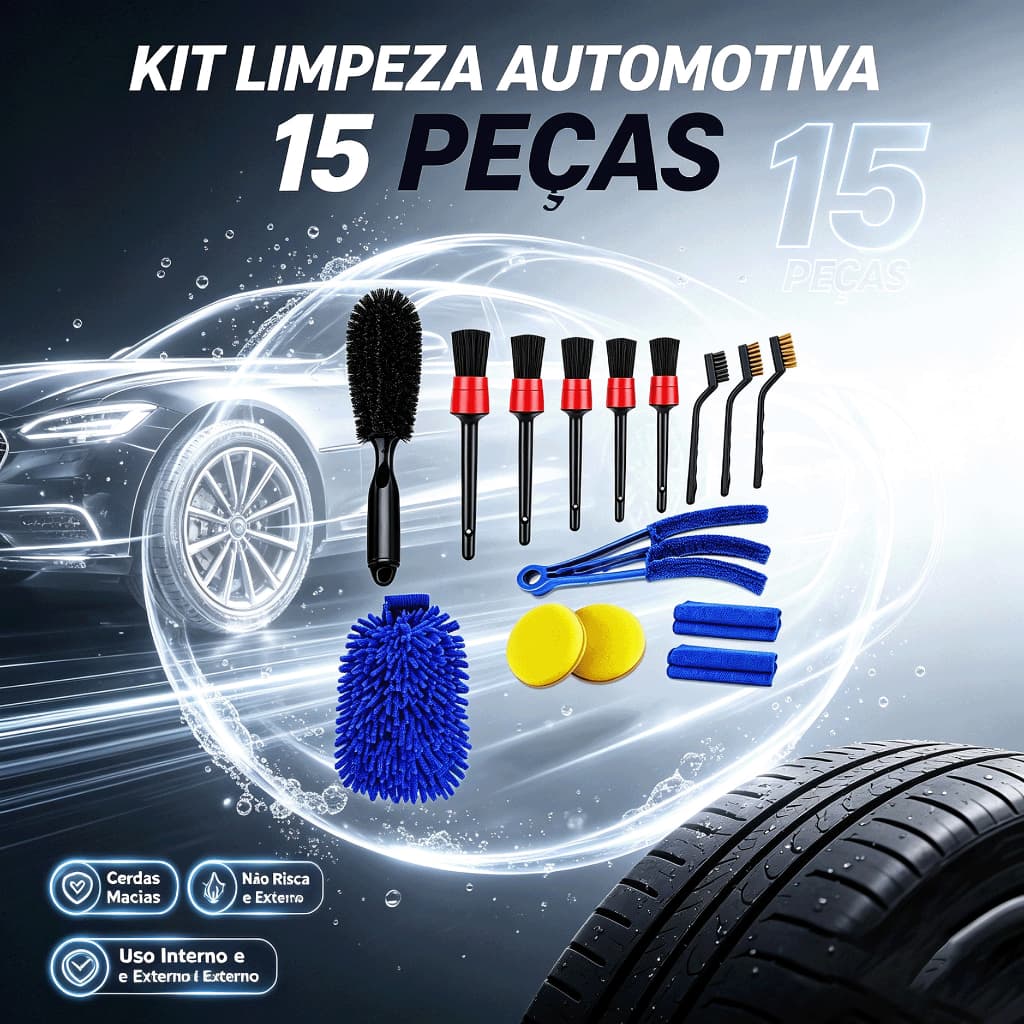 kit limpeza automotiva com 15 peças, escovas para limpeza de carro multiuso