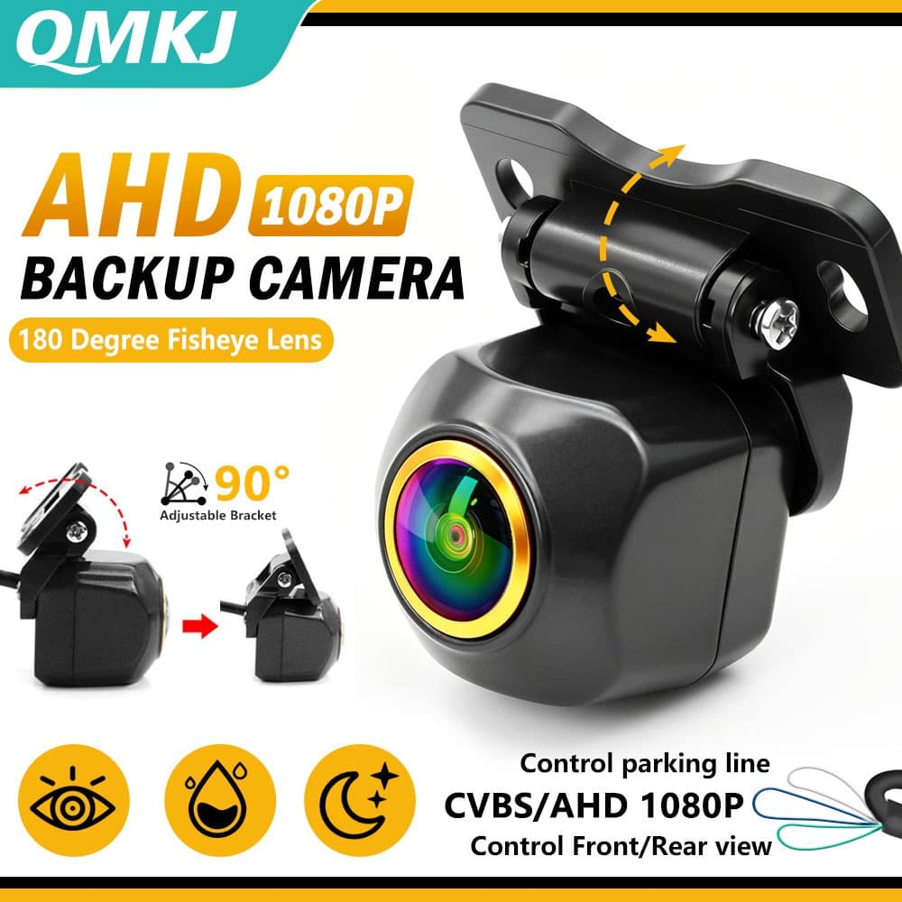 Câmera De Backup De Carro QMKJ AHD 1080P 180 ° Fisheye Duplo CVBS/Sinal Frente Interruptor De Visão Traseira Controle Li