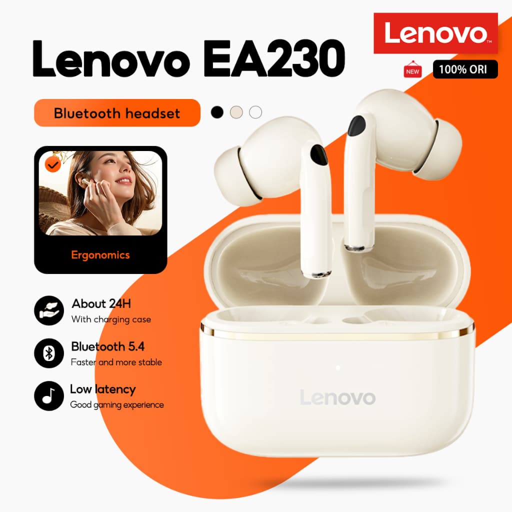 Fones de Ouvido Lenovo EA230, Bluetooth 5.4, Fones TWS, Mini Fones de Ouvido, Som Estéreo, Longa Duração da Bateria, Voz