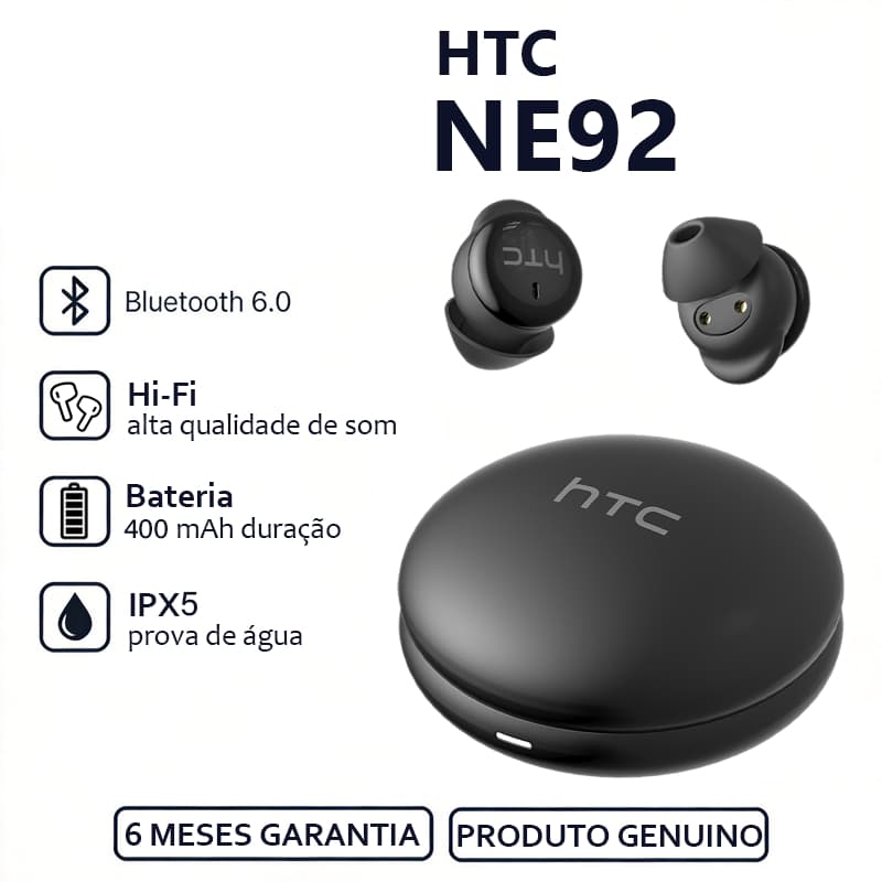 HTC NE92 Fone de ouvido Bluetooth Fone de ouvido intra-auricular Garantia de meio ano Bluetooth 6.0 Cancelamento intelig