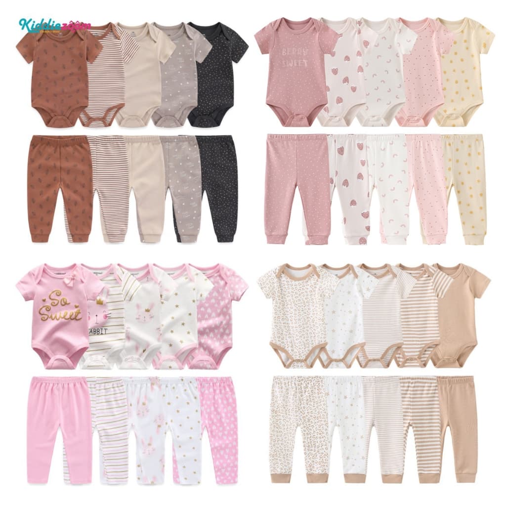 Kiddiezoom 10 Peças Conjunto De Roupas De Bebê Algodão Macio Menino Menina Bodysuits + Calças Roupa Infantil Presente