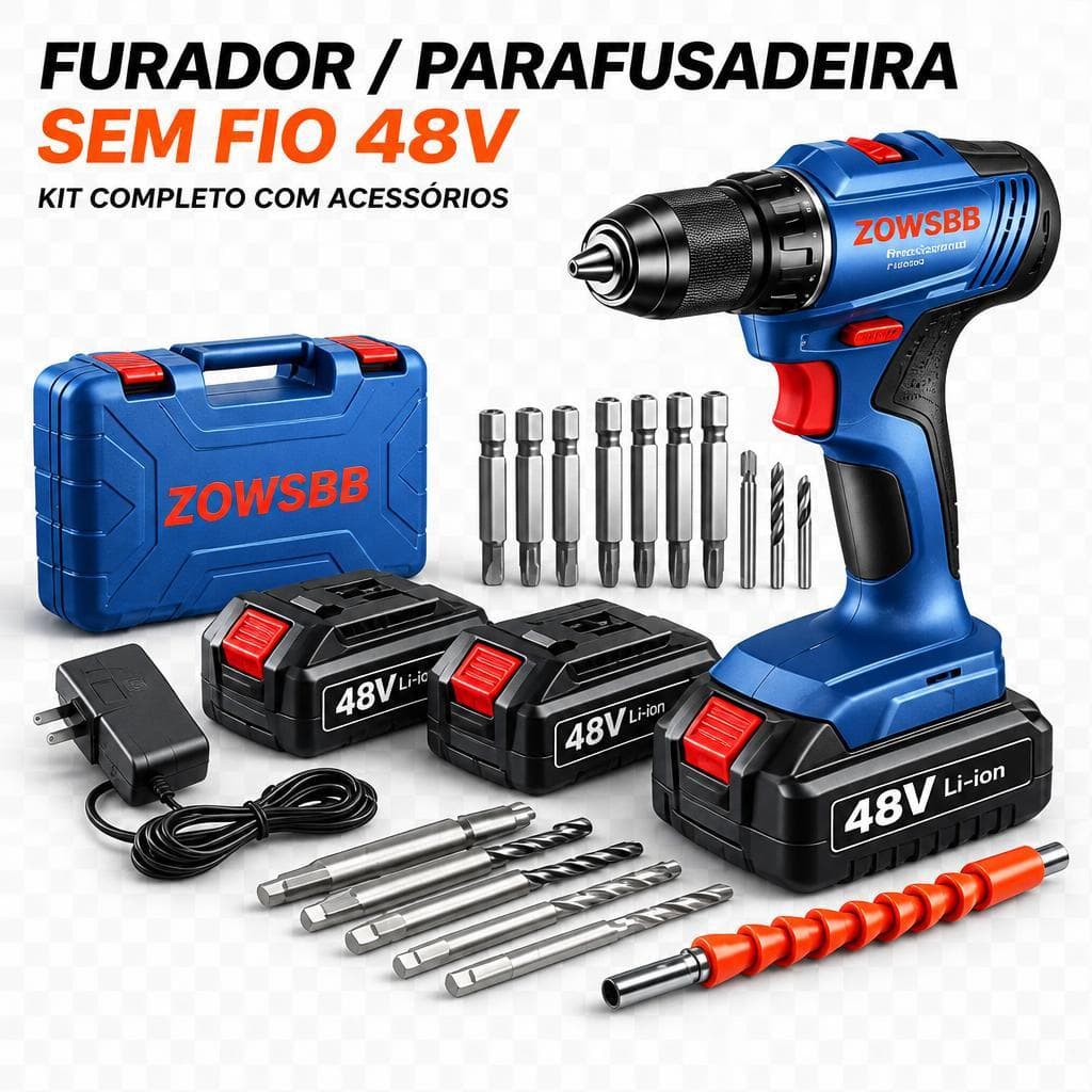 Profissional Furadeira parafusadeira 48v 2 Baterias  furadeira de impacto elétrica com kit de acessórios ZOWSBB