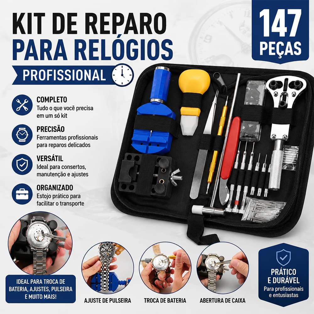 Kit 147 Peças para Reparo de Relógios Ferramentas Relojoeiro com Caixa