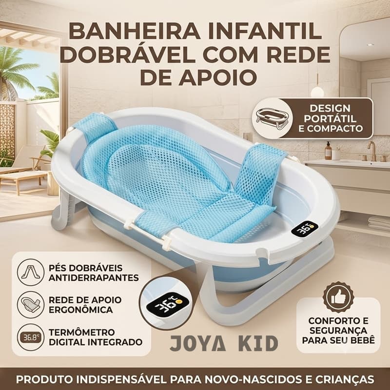 JOYA KID Banheira Bebê Dobravel Com Termometro Digital Termico Kit Redinha Almofada Banho Infantil