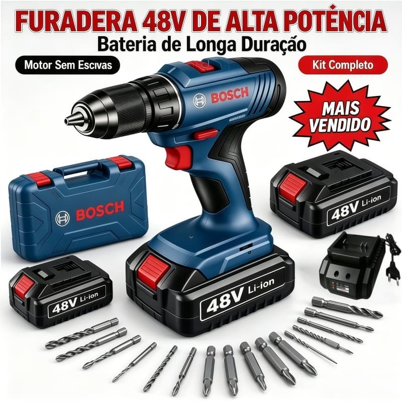 Parafusadeira Furadeira Bosch 48V Brushless Kit Completo Com 2 Baterias profissão Furadeira de Impacto