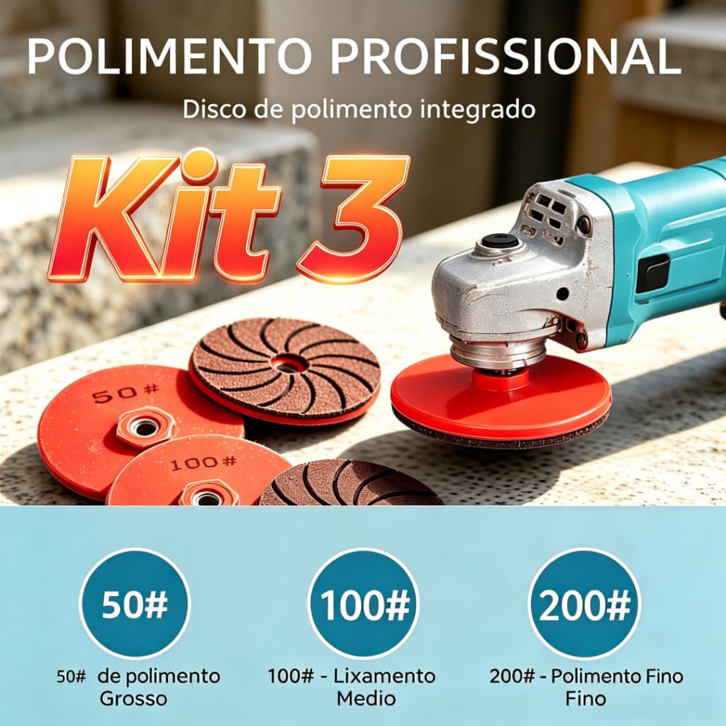 Kit 3 Peças Grão 50/100/200 Almofada Diamantada 80mm M10 Furo16mm p/ Esmerilhadeira 100, Cerâmica e Granito