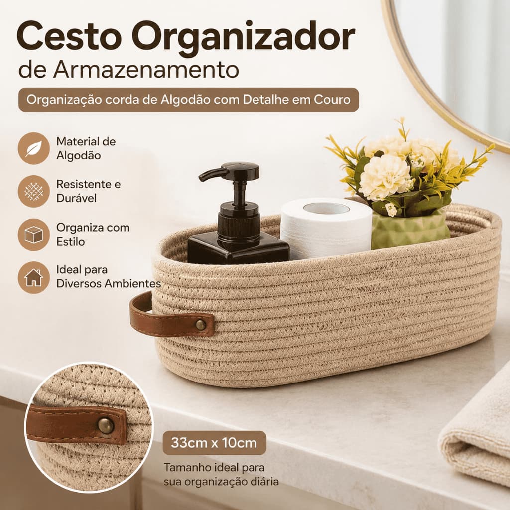 Cesto Organizador de Corda de Algodão Bege com Alças de Couro para Banheiro e Lavanderia Estilo Decorativo