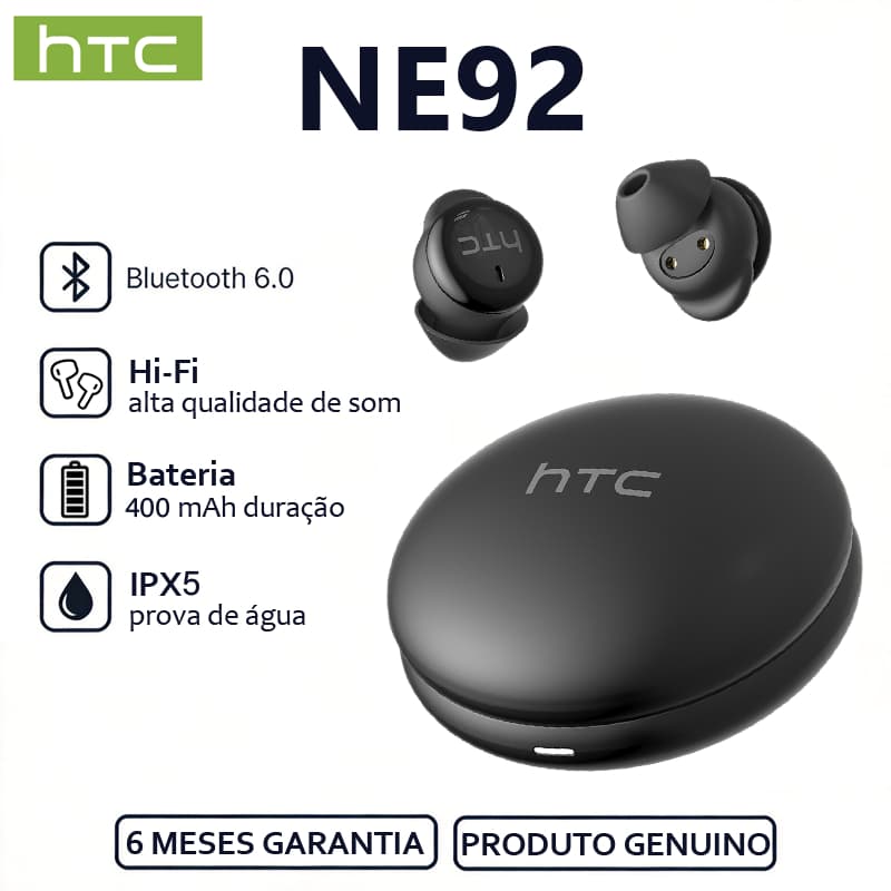 HTC NE92 Fone de ouvido Bluetooth Fone de ouvido Alta qualidade de som Hi-Fi Bluetooth 6.0 Cancelamento inteligente