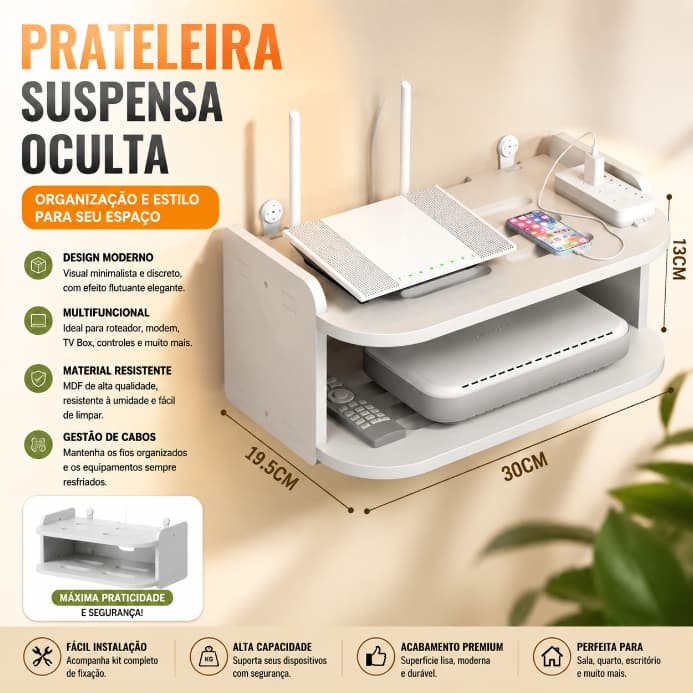 Prateleira MDF Suporte para Roteador WiFi e Aparelho de TV Fixada na Parede Multiuso