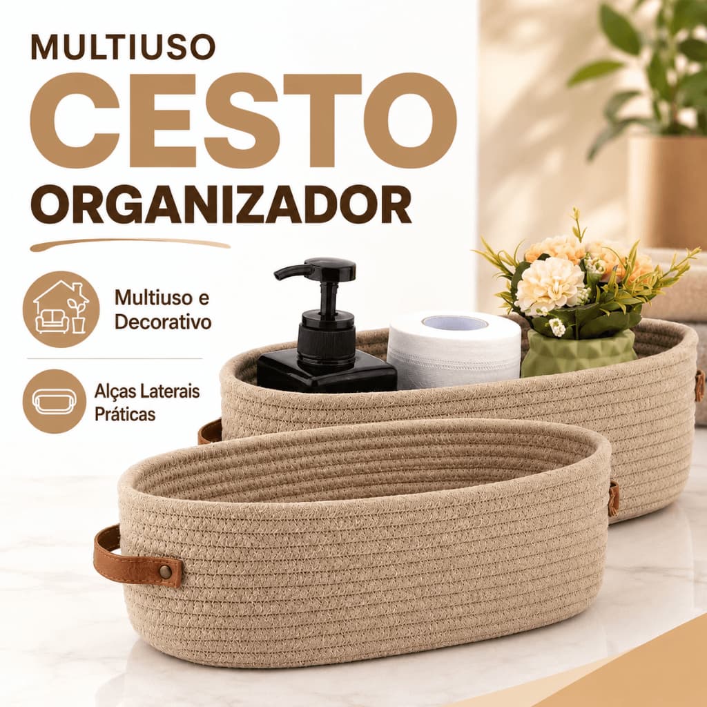 Marrom Cesto organizador de corda de algodão diversos de mesa com Alças de Couro banheiro e para guardar brinquedos
