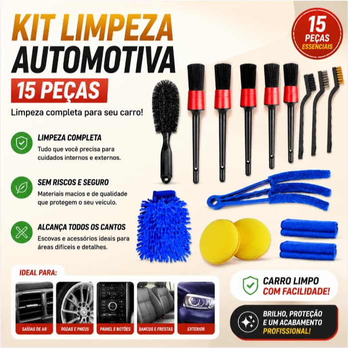 Kit Limpeza Automotiva 15 Pecas Escovas de Detalhamento Carro e Moto Multiuso