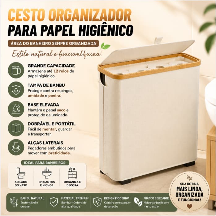 Suporte Cesto De Papel Higienico De Bambu Cesta Organizadora Com Tampa Banheiro