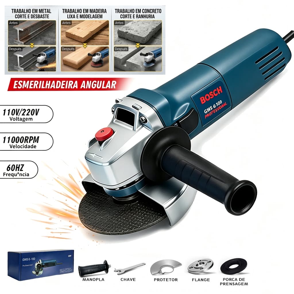 Esmerilhadeira 1000W Bosch Lixadeira Angular 115mm Esmerilhadeira com Capa Protetora e Trava de Eixo