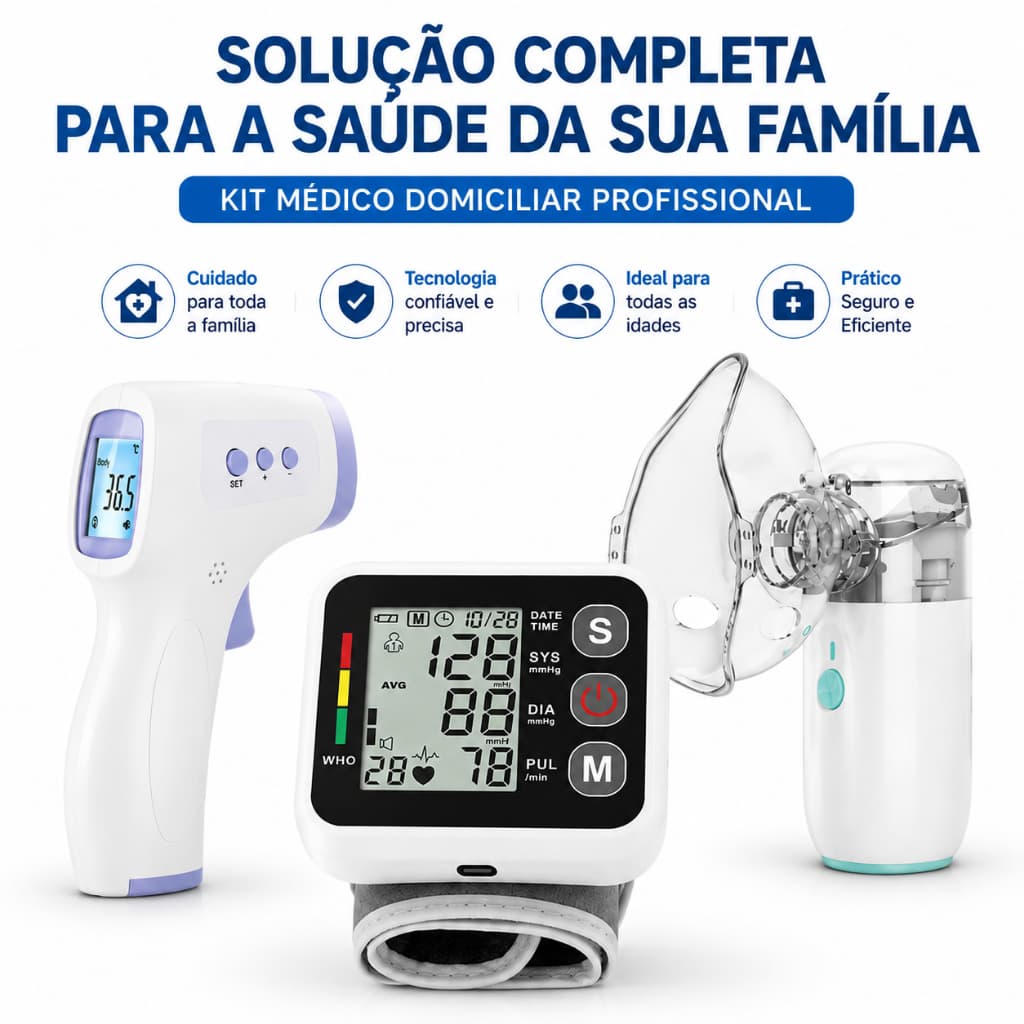 KIT Medidor de Pressão Arterial Digital + Nebulizador + Termômetro Infravermelho Sem Contato