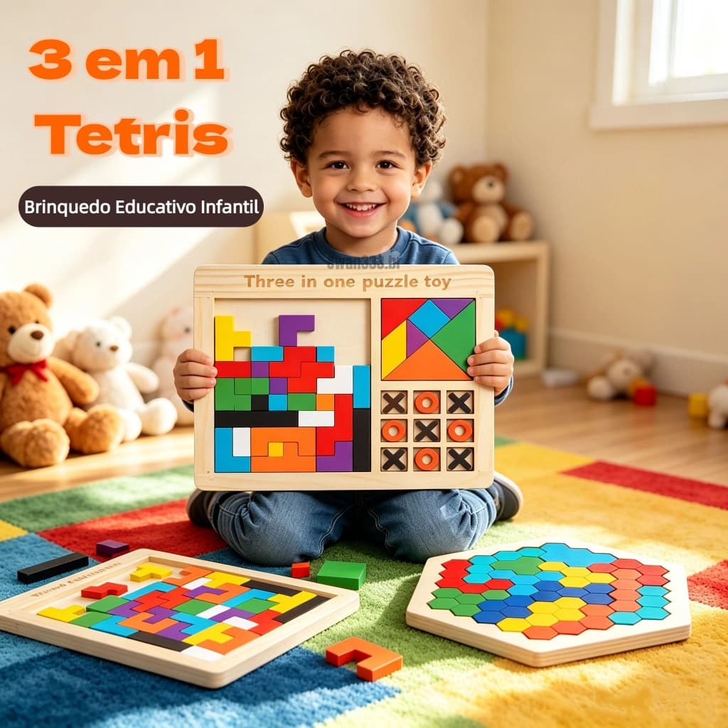 Jogo Raciocínio Educativo 3 Em 1 Brinquedo Montessori Quebra Cabeça Tetris 3D E Jogo Da Velha