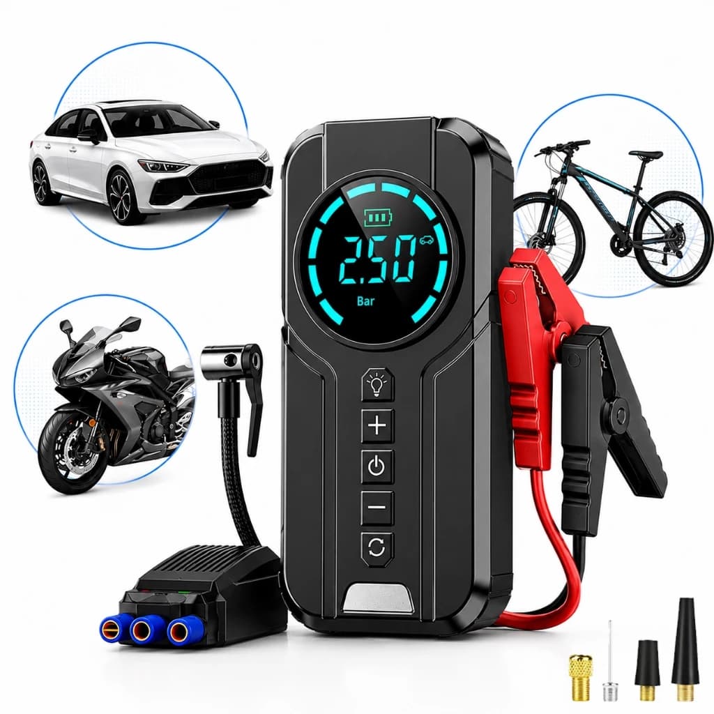 Auxiliar de Partida Carregador Bateria Com Compressor de Ar Emergência Portátil Veicular Automotivo MUNDO