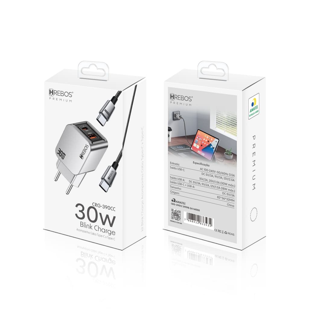 HREBOS x HEYOO Carregador De Celular Turbo Rápido dupla 30W USB-A + USB-C PD, Kit com Cabo Tipo-C x Tipo-C