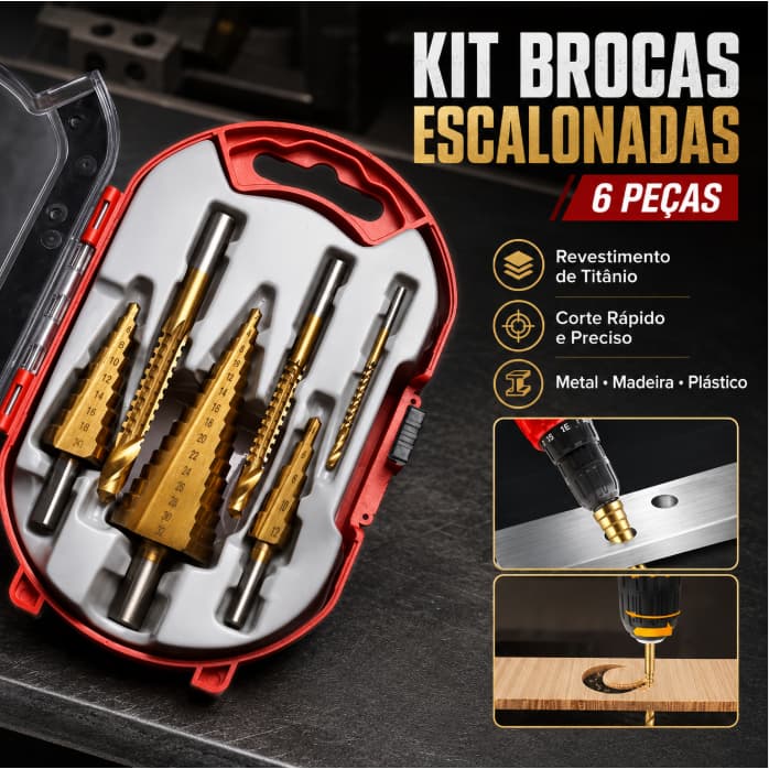 kit jogo 6 Peças Broca Titânio Escalonada Aço Brocas Corte Lateral Espiral Hss C/Estojo Organizador