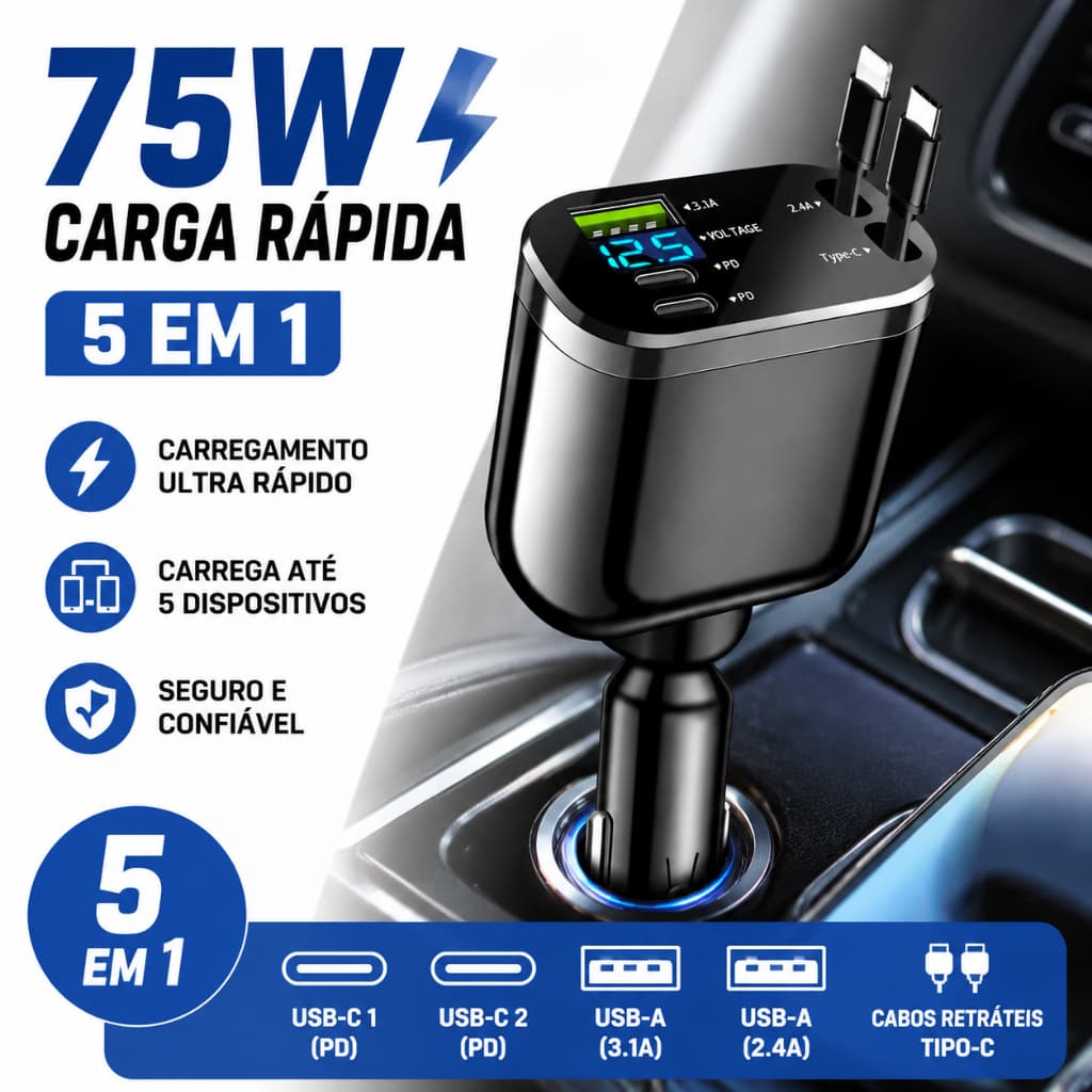 Carregador Automotivo 5 em 1 Retrátil 75W Carga Rápida para iPhone Android Tablet