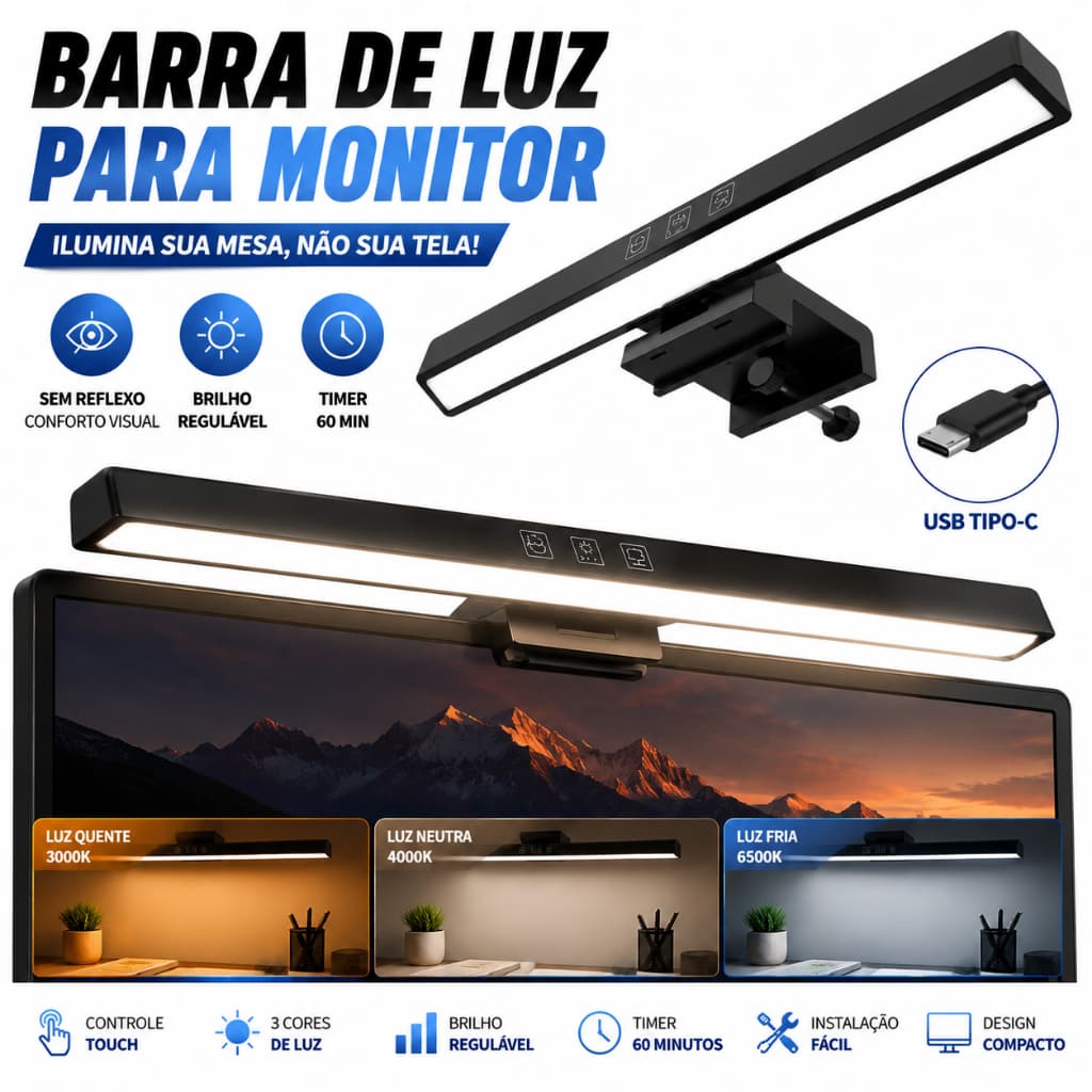 Luminária Barra LED para Monitor Gamer Anti Reflexo 3 Cores Brilho Regulável Type-C Disponível 33cm e 50cm para PC