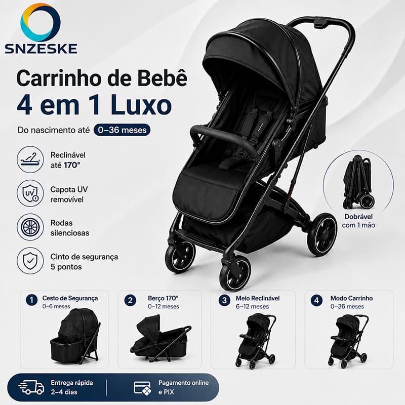 Snzeske[PIX] Carrinho de Bebê 4 em 1 SNZESKE Reclinável até 170° com Bebê Conforto Rodas 360° e Cinto de 5 Pontos