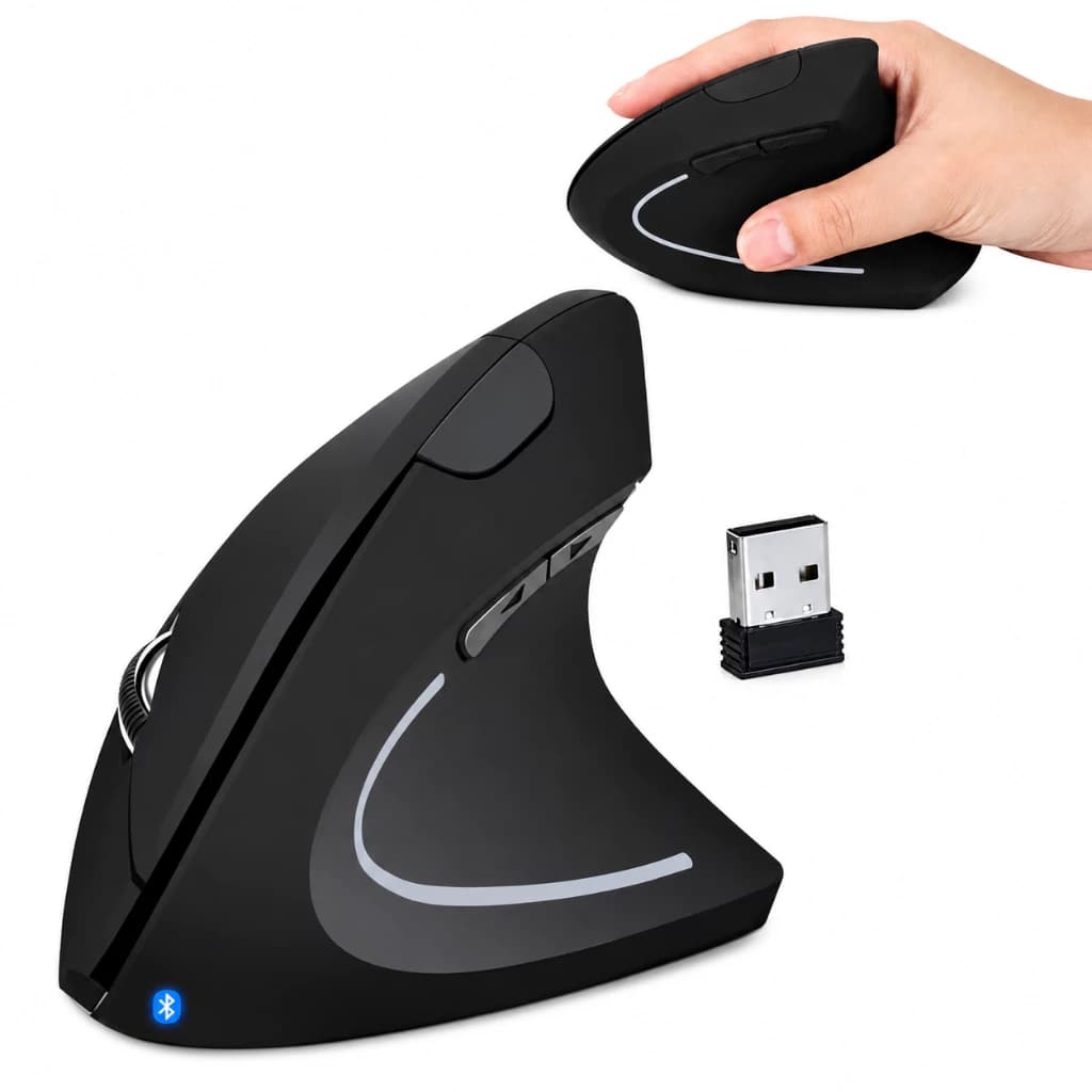 Mouse vertical sem fio, dual mode Bluetooth 2,4 GHz, recarregável, design ergonômico com LED MUNDO