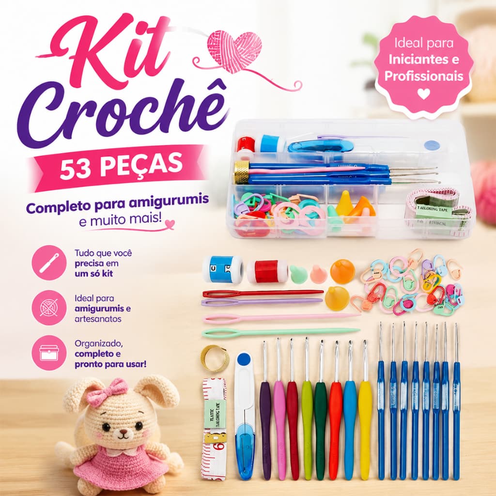 Kit Crochê Completo 53 Peças Para Fazer Amigurumi Agulhas Cabo Soft Tesoura Acessórios