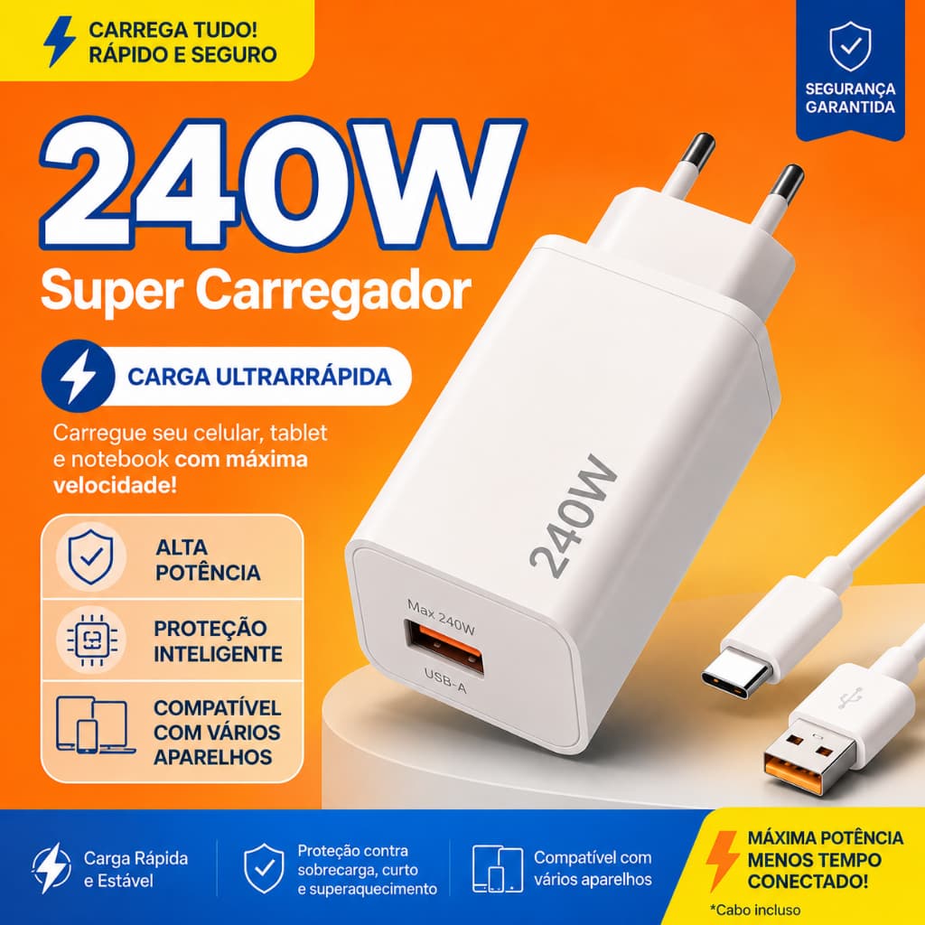 Fonte Carregador Ultra Rápida 240W Alta Potência Compatível com Celulares e Tablets, Carregamento Seguro